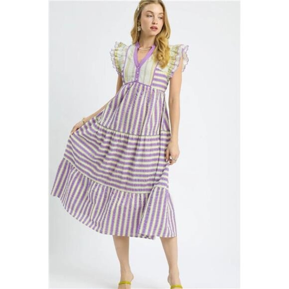 Umgee Striped Ruffle Cap Sleeve Midi Dress - Picture 2 of 4